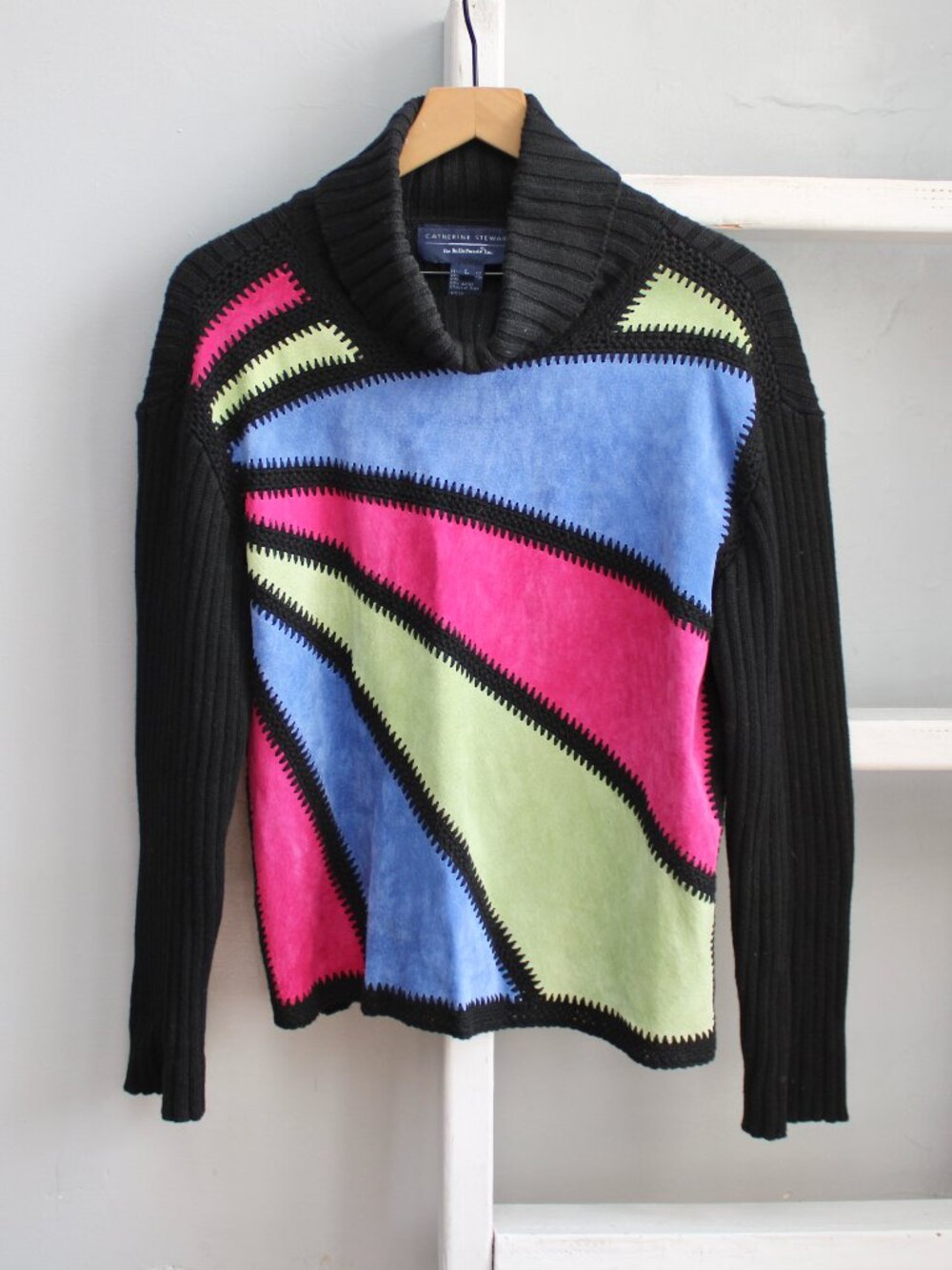 Catherine Stewart Vintage Leather Patchwork Turtleneck Sweater Black Size Large